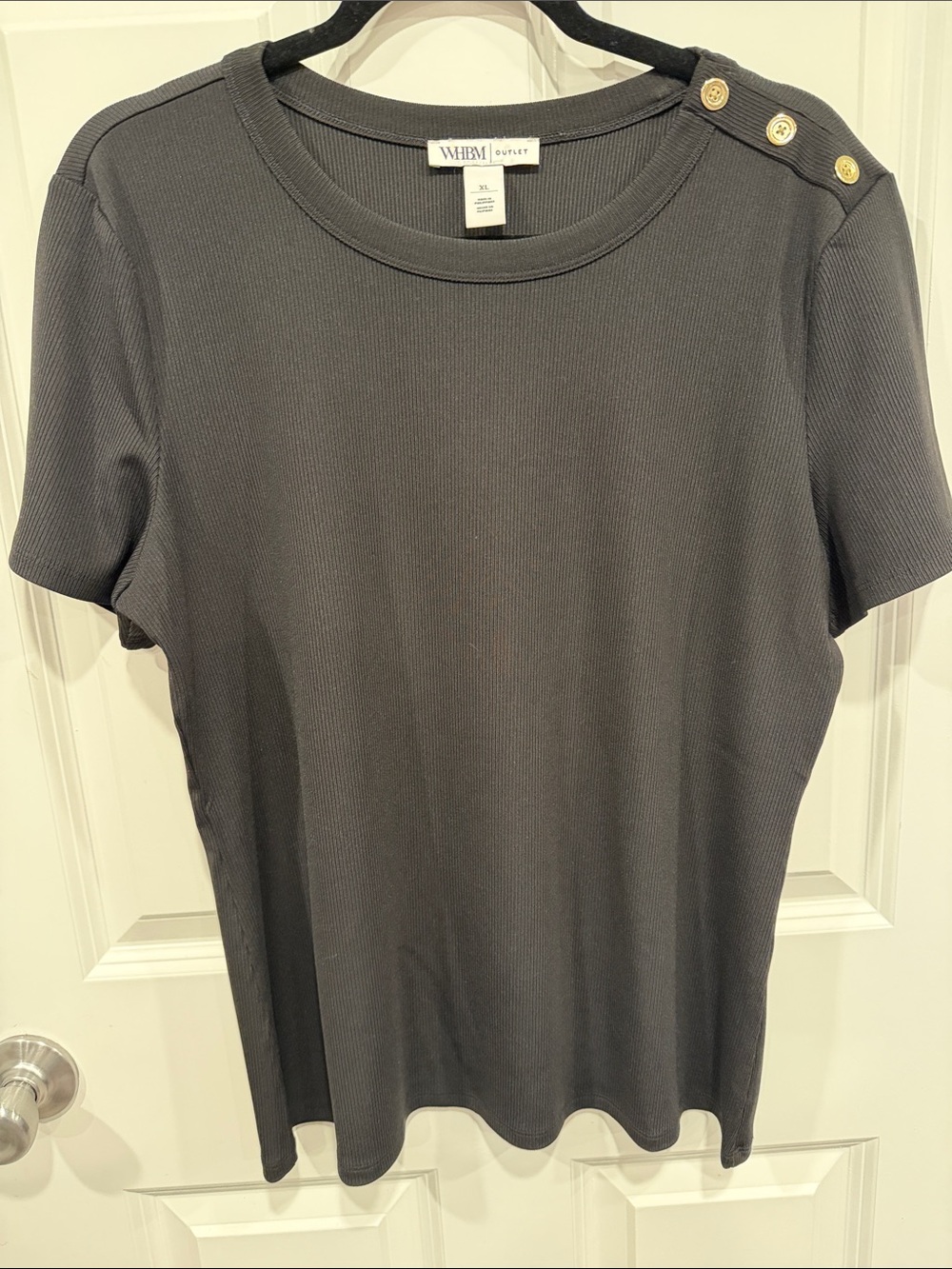 White House Black Market Black Ribbed Short Sleeve Top with Gold Buttons